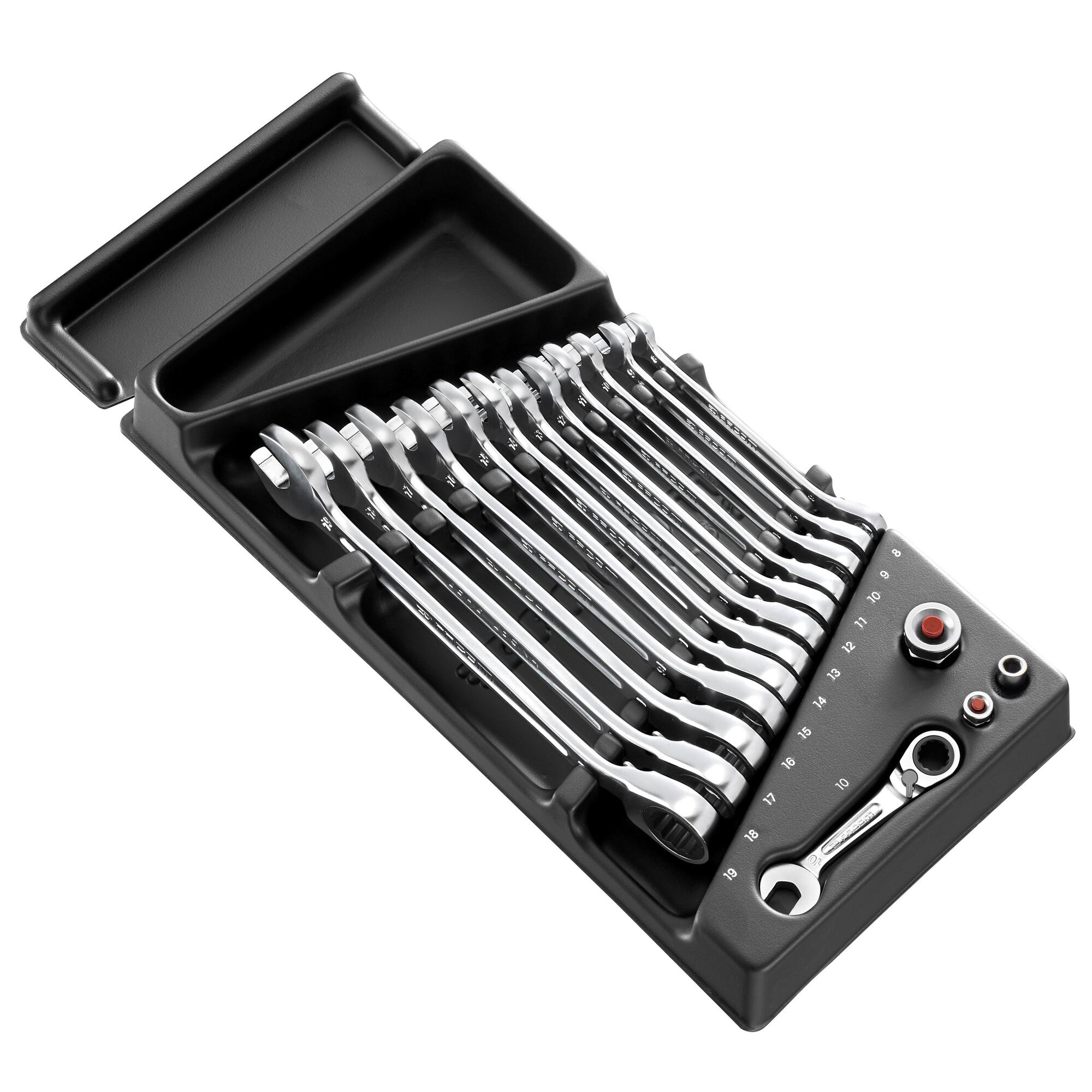 Facom MOD.467BJ13PB ratcheting wrench set in black tray, top angled view, silver finish tools aligned in holder.